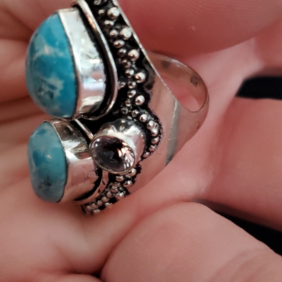 New Huge Mosaic Jasper & Iolite 925 Silver Statement Ring. - Picture 10 of 12